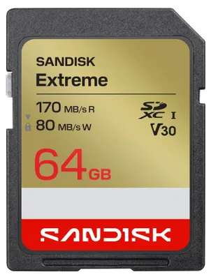 Imagen del producto de Tarjeta SanDisk Extreme SD UHS-I de 64 GB (velocidad de lectura de hasta 170 MB/s y 80