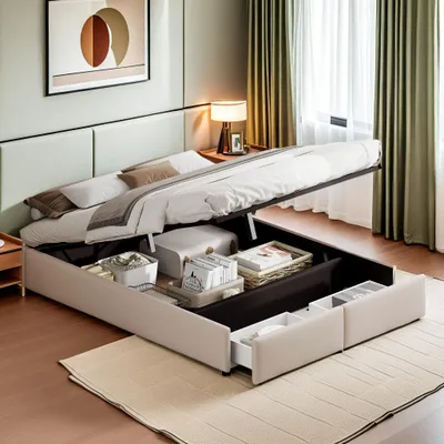 A bed with its storage compartment open, showing organized items inside, in a bedroom setting.