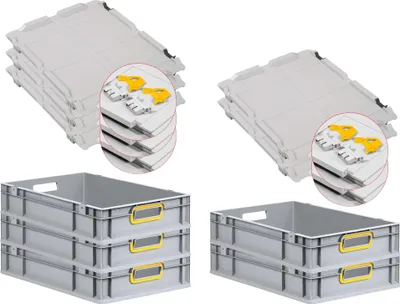 Produktbild von SuperSparSet 5x Eurobox NextGen Color mit Scharnierdeckel und Schiebeschnappverschlüssen | HxBxT 12x40x60cm | 23 Liter | Grau | Griffe gelb offen | Glatter Boden | Eurobehälter, Transportbox, Transportbehälter, Stapelbehälter