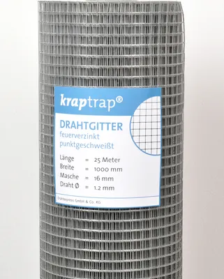 A roll of galvanized wire mesh is shown, with a label detailing its specifications.