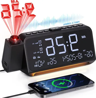 Produktbild von Digitaler Radiowecker – Projektionswecker, Nachttischlampe – Zeitanzeige – 320° Projektionswinkel – 10,4 x 10,4 x 16,3 cm – Weiß