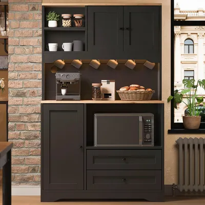Obrázok produktu pre Vysoká kuchynská skrinka s LED osvetlením, priestorom pre mikrovlnnú rúru a zásuvkou, rozmer 100x40x163 cm, čierna kuchynská komoda z MDF