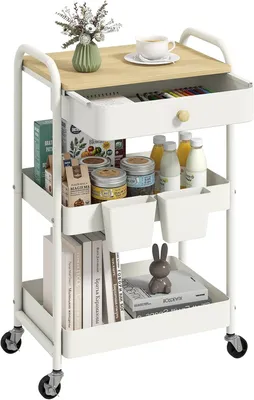 Productafbeelding van Rolwagen 3 niveaus, metaal en hout, met laden en wielen, voor keuken