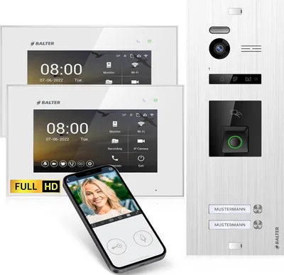 Produktbild von HD Video Türsprechanlage mit Fingerprint RFID und Smartphone App für 2 Familienhaus, 2x Monitore, Balter EVO HD Fingerprint