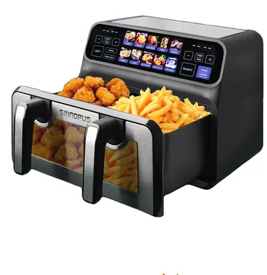Immagine prodotto di Friggitrice ad aria, capacità 9L, potenza 2200W, intervallo di temperatura 50-200°C, display touch LED, due cestelli indipendenti