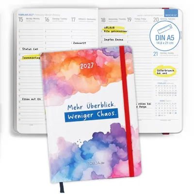 Produktbild von Buchkalender 2027 A5 Aquarell Hardcover - 1 Woche 2 Seiten Halbstunden 6-21 Uhr