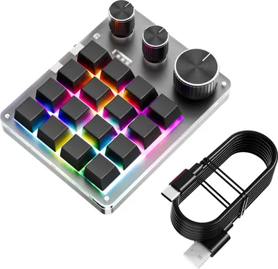 Zdjęcie produktu dla Programowalna klawiatura makro 16-klawiszowa klawiatura do gier z 3 pokrętłami i przewodowym kontrolerem głośności USB + BT Czarny