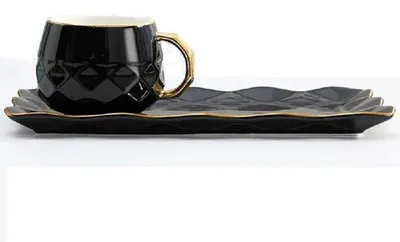 Produktbild von Kaffeetassen-Set mit Untertasse und Löffel 220ml Porzellan Schwarz Goldrand