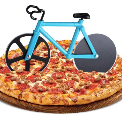 Fahrrad-Pizzaschneider, Edelstahl, Antihaft, doppelt, blau