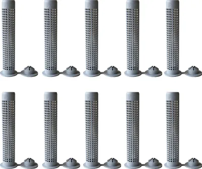 Ten gray cylindrical sleeves with perforated sides and small cap-like bases are arranged in two rows of five on a white background.
