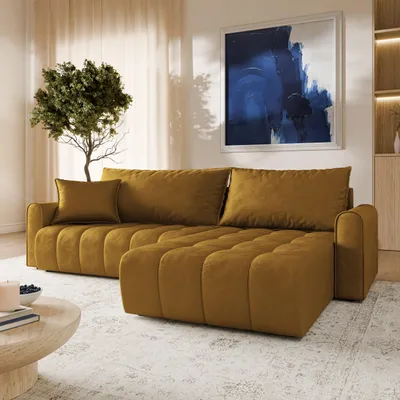 Produktbild von Masseno Ecksofa FRIGA mit Schlaffunktion L-Form, Sofa mit Bettkasten, Wohnzimmersofa, Couch, Soffa, Bettsofa, Couchgarnitur- Gelb, MONOLITH 48