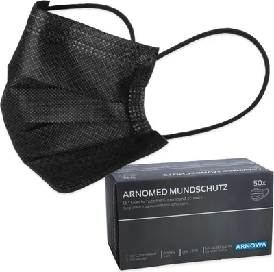 A black surgical face mask and its packaging are shown against a white background.