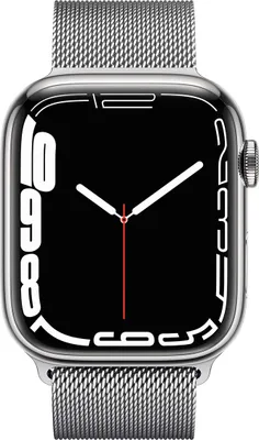 A close-up, front-facing view of an Apple Watch Series 7 with a Milanese loop band, set against a white background.