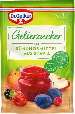 A package of Dr. Oetker Gelierzucker with fruit.