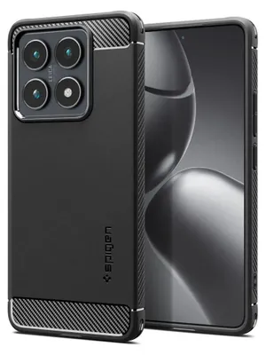 A black phone case with a carbon fiber texture on the top and bottom edges is shown next to a smartphone.