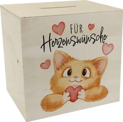 Produktbild von Katze Spardose aus Holz mit Spruch Für Herzenswünsche