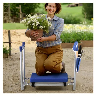 Produktbild von Kniebank 585x300x485 mm, Kniekissen 279x385 mm, Kniehilfe für Gartenarbeit bis 160 kg, klappbarer Gartensitz mit 1 Werkzeugtasche, Arbeitshocker zur Linderung von Knie- und Rückenschmerzen