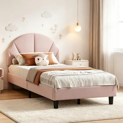 Productafbeelding van INONEFT Kinderbed 90x190, gestoffeerd bed met lattenbodem voor meisjes, eenpersoonsbed/tienerbed met verstelbaar hoofdeinde voor kinderkamers, fluweel, roze.
