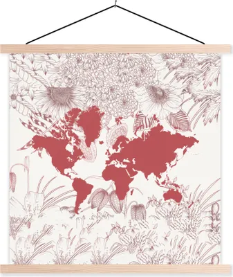 Produktbild von MuchoWow® Textilposter Weltkarte - Blume - Rosa 120x120 cm mit holzfarbenen Rahmen - Textil-Poster