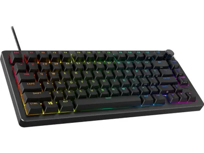 A black gaming keyboard with RGB lighting is shown against a white background.