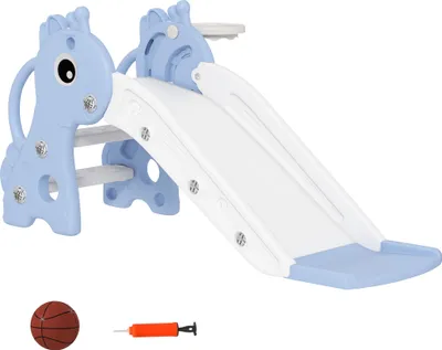 Produktbild von 3-in-1 Giraffen-Rutsche für Kinder mit Basketballkorb und Ball – Blaue Spielrutsche für Indoor- und Outdoor-Spaß