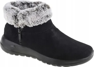 A black boot with gray fur trim is shown against a white background.