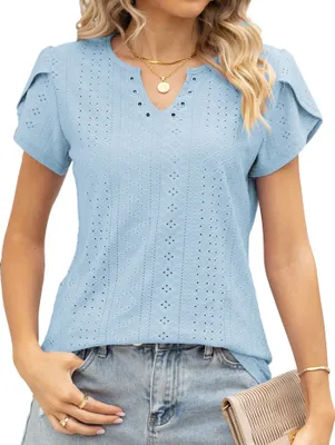 Produktbild von ASKSA Damen T-Shirt Blütenblatt Ärmel Aushöhlen Bluse V-Ausschnitt Sommer Kurzarm Einfarbig Lose Oberteile, Himmelblau, L