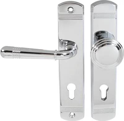 A pair of polished chrome door handles with keyhole escutcheons, presented against a white background.