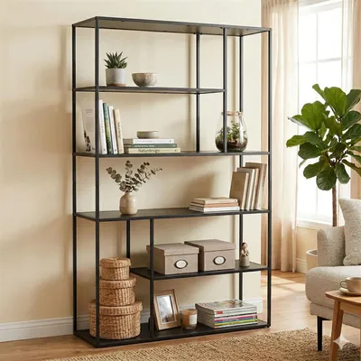 Produktbild von Regal "Classico" Bücherregal aus Metall, schwarz, Wohnzimmer Deko-Regal, Standregal, 6 Ebenen, 90 x 30 x 160 cm, Blumenrgal, Büroregal