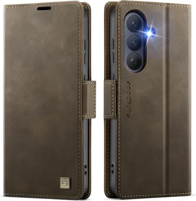 Produktbild von Lederhülle für Samsung Galaxy S26, RFID Schutz Handyhülle mit Magnetverschluss, Kartenfächern und Ständer Braun