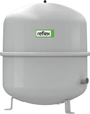 A gray expansion vessel with a green and white logo on a white background.