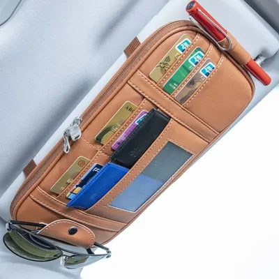 Productafbeelding van Zonneblindjes organizer voor auto/voertuig, zonneblindjes tas, opbergruimte voor creditcards, kleur: bruin