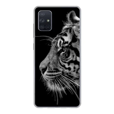 Produktbild von MuchoWow® Handyhülle Schutzhülle Hülle für Samsung Galaxy A71 Tiger auf schwarzem Hintergrund in schwarz und weiß Silikon Softcase Handy Hülle - Kartenbesitzer