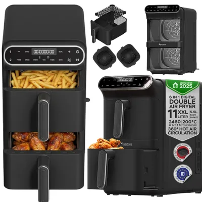 Zdjęcie produktu dla Pionowa frytkownica beztłuszczowa TurboTronic Air Fryer XXL 11L 2 kosze smażenia 2460w Czarna