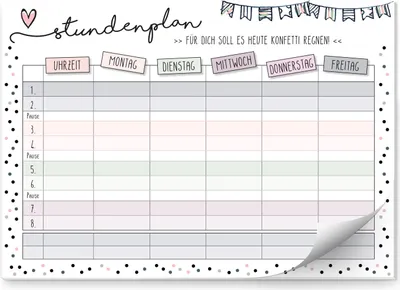 Produktbild von Konfetti - Stundenplan I DIN A4 Papier-Block I zum Schulanfang I für Mädchen I zum Beschriften und Abreißen I dv628