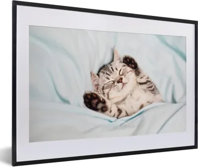 Produktbild von MuchoWow® Gerahmtes Poster Kätzchen - Lustig - Bett - Kinder - Jungen - Mädchen - Kinder 60x40 cm - Poster mit Schwarzem Bilderrahmen Wandposter Rahmen Foto Bilder - Schlafzimmer - Plakat in Rahmen - Drucken