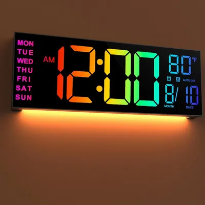 Produktbild von 16'' Schwarz große Digitale Wanduhr für Wohnzimmer, Fernbedienung, Dual-Alarm, 8 RGB-Farben, großes LED-Display, automatische Helligkeit, Datum, automatische Sommerzeit, Temperatur