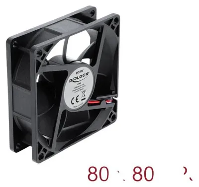 Produktbild von DeLOCK Axiallüfter 48 V DC, 80 x 80 x 25 mit 2 Pin Lüfteranschluss schwarz, Kühlgebläse, 58,2 m³/h, Kunststoff, Schwarz, 1 Stück(e)