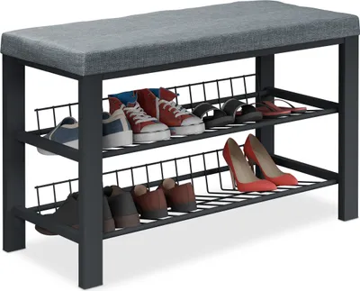 Zdjęcie produktu dla Półka na buty Relaxdays, ławka tapicerowana z miejscem do przechowywania butów, 2 poziomy na buty, wymiary: 50,5 x 82 x 33 cm, materiał: tkanina i metal, kolor: szary/czarny
