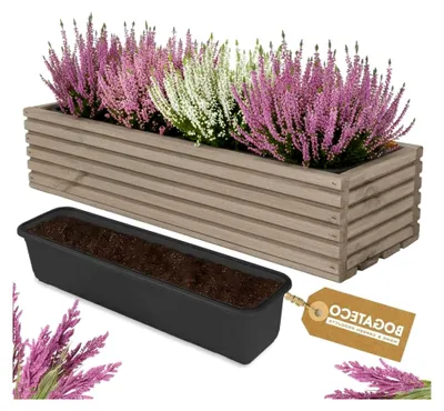 Produktbild von Blumenkasten aus Holz | Pflanzkasten | Blumentopf 64 x 20 x 14,5cm | Kräutertopf für zu Hause Garten Balkon Terrasse | Topf mit Kunststoffeinsatz | Imprägniert | Grau