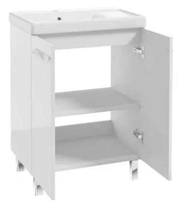 A white freestanding bathroom cabinet with a sink and draining board.