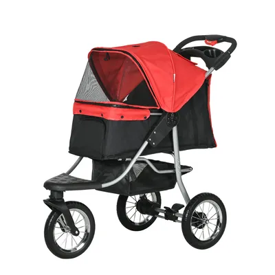 Produktbild von Hundebuggy mit 3 Rädern klappbar Hundewagen Pet Stroller Katzenbuggy bis 10 kg für Hunde & Katzen 109,5 x 54,5 x 106,5 cm Rot+Schwarz