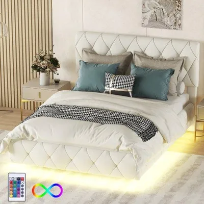 Produktbild von 140x200 Zweierschlafzimmer, bequeme, beigefarbene, gestofferte Betten mit Lichtleisten