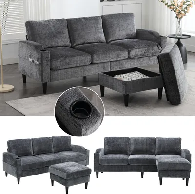 Image de MODFU Canapé Droit Coffre - 4 Places Accoudoirs avec Porte-Gobelets et Poches Latérales Tissu Chenille Gris