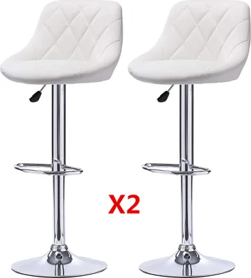 Two white bar stools are shown against a white background.
