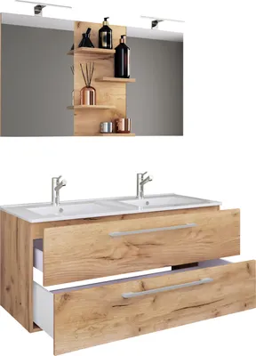Produktbild von BudasiS Badmöbelset Doppelwaschbecken Eiche Nachbildung.