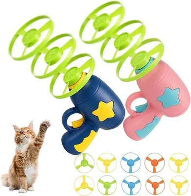 Productafbeelding van Kattenspeelgoed, interactief kattenspeelgoedset met 2 werpers en 10 kleurrijke vliegschijven, propellerspeelgoed voor