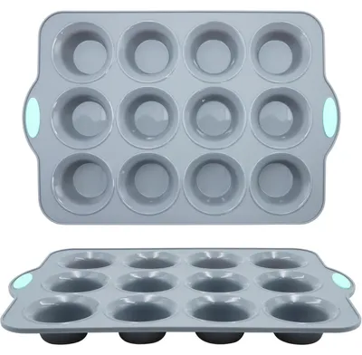 Immagine prodotto di Set di 2 stampi in silicone per muffin, con 12 cavità ciascuno, dotati di cornice in metallo, colore grigio chiaro