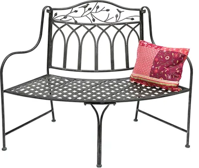 A metal garden bench with a cushion on it, set against a white background.