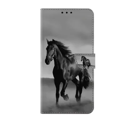 Produktbild von CLM-Tech Handyhülle kompatibel mit Samsung Galaxy A15 5G Hülle - Tasche aus Kunstleder - Klapphülle mit Ständer und Kartenfächern - Schutzhülle Wallet Case Cover Pferd in schwarz grau